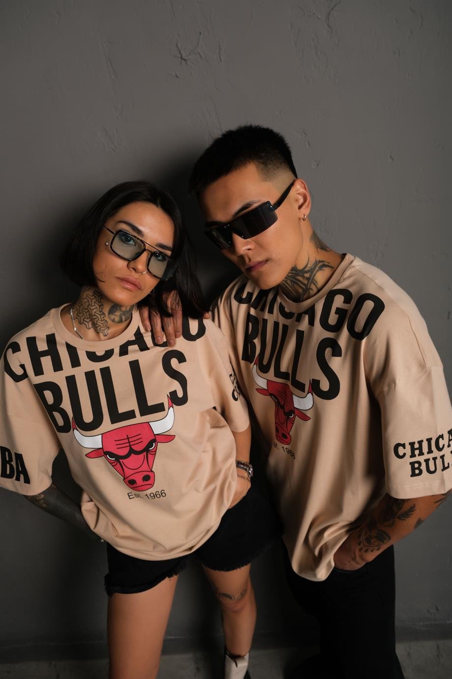 Oversize T-shirt Chicago Bulls Tasarım Baskılı T-shirt Bej